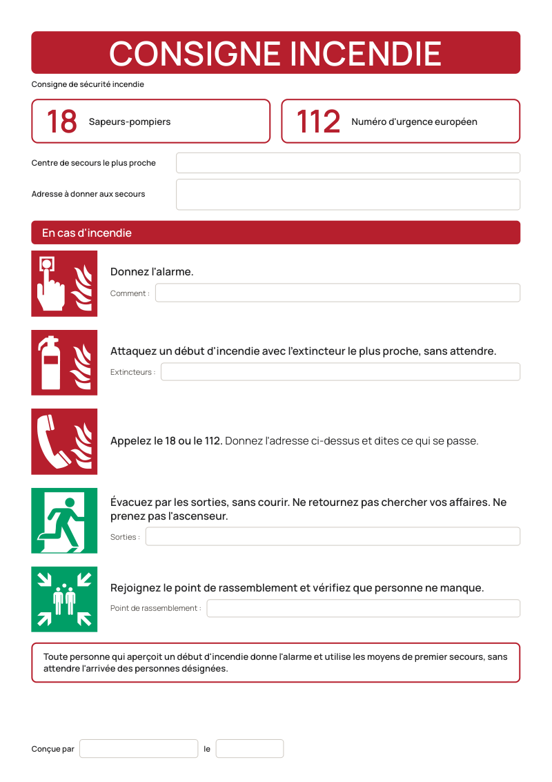 Aperçu de la consigne A du modèle : numéros 18 et 112, centre de secours et gestes en cas d'incendie avec pictogrammes