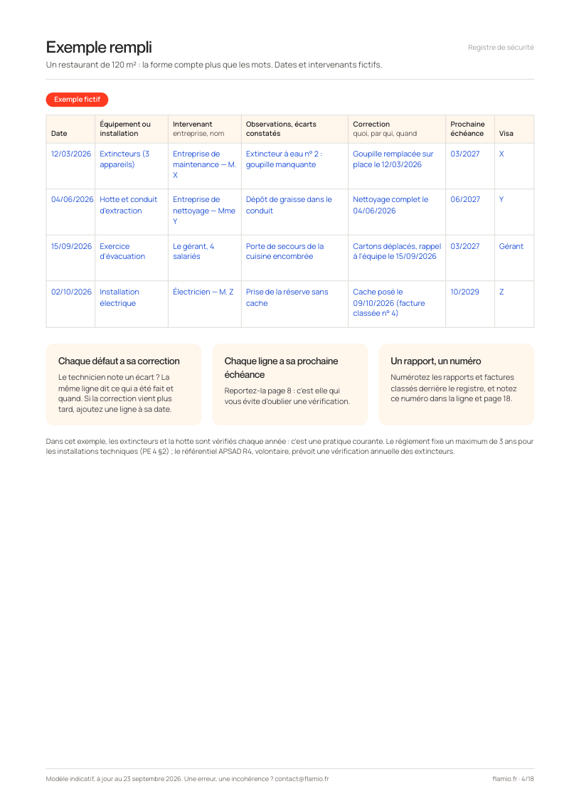 Aperçu de la page « Exemple rempli » du modèle de registre de sécurité